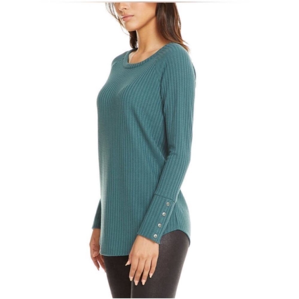 Chaser Plus Size Waffle Knit Thermal Button Detail On Sleeve Cuff Teal Green XXL